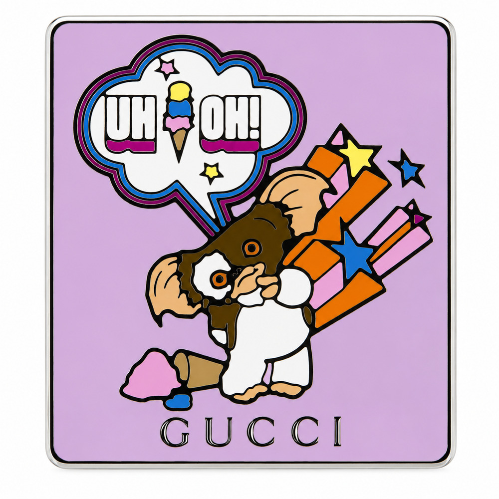 Gucci x Gremlins Gizmo Enamel Square Brooch Pin Purple Logo Authentic